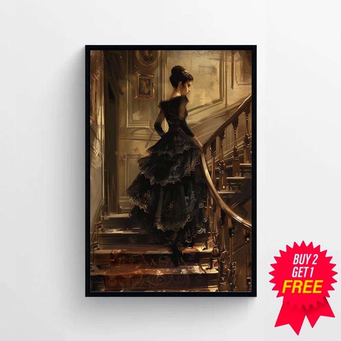 Elegant Lady Descending Golden Lit Staircase Baroque Style Poster - Image 4