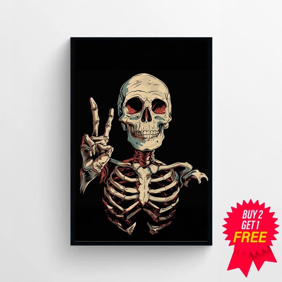 Cool Skeleton Flashing Peace Sign Tattoo Style Gothic Art Poster - Image 4