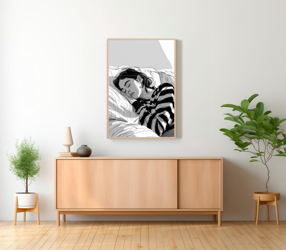Black and White Sketch of a Woman Sleeping in Stripes Poster - Image 2