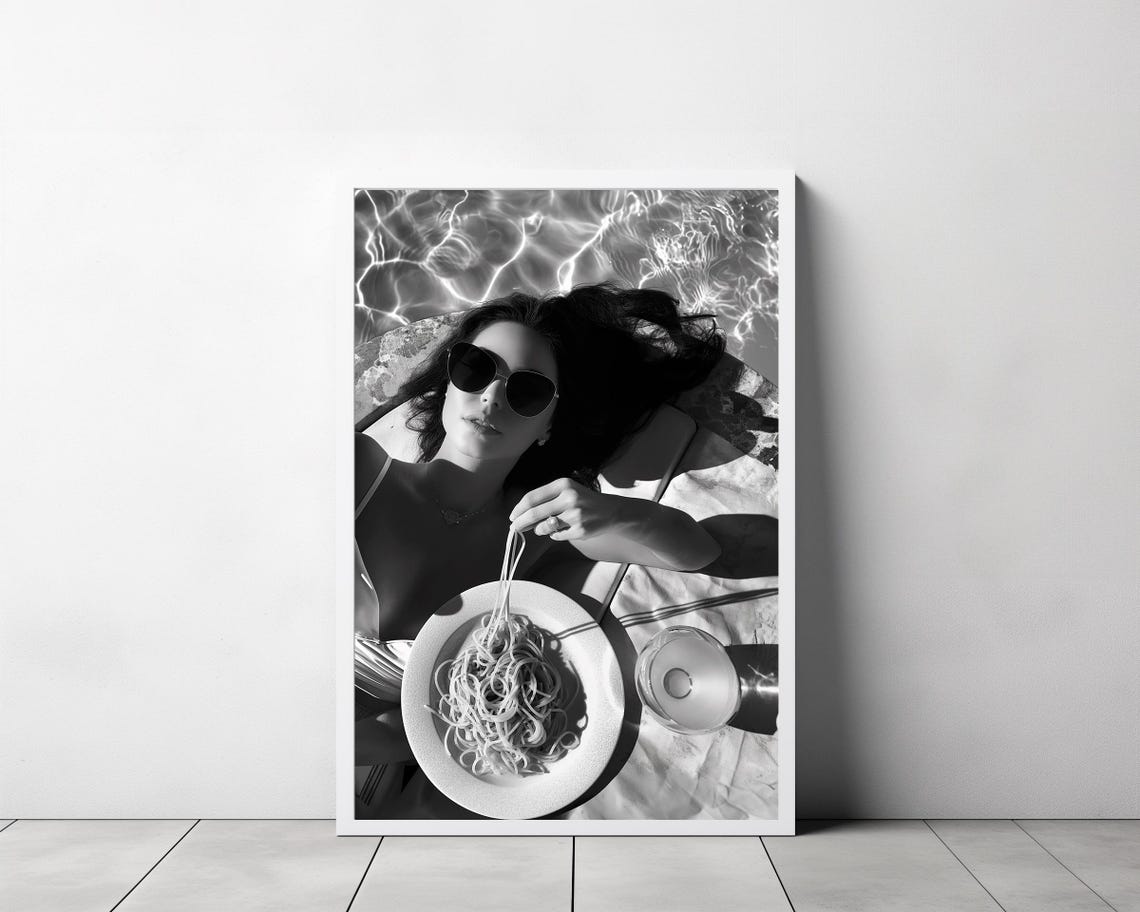 Woman In Sunglasses Eating Spaghetti By The Pool Black White Print - Image 3