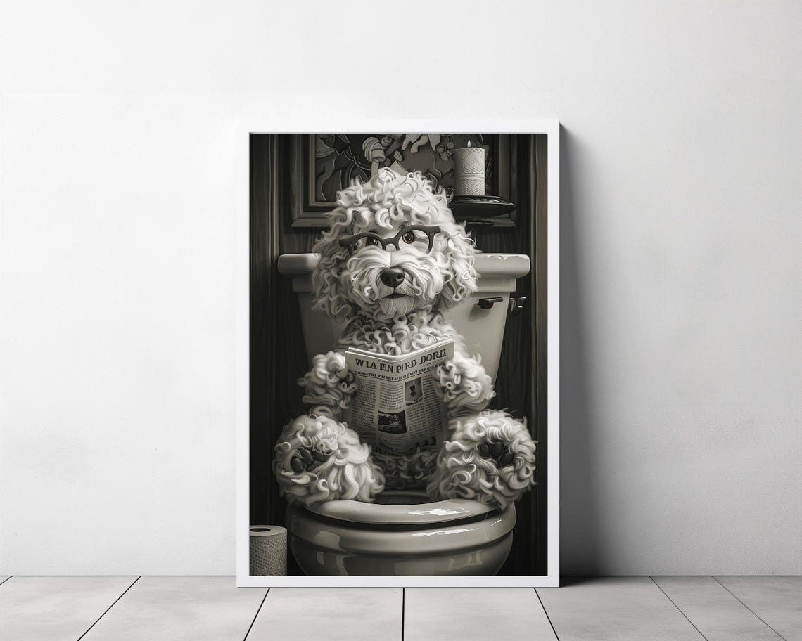 Black and White Funny Cockapoo with Glasses on the Toilet Poster - Image 3