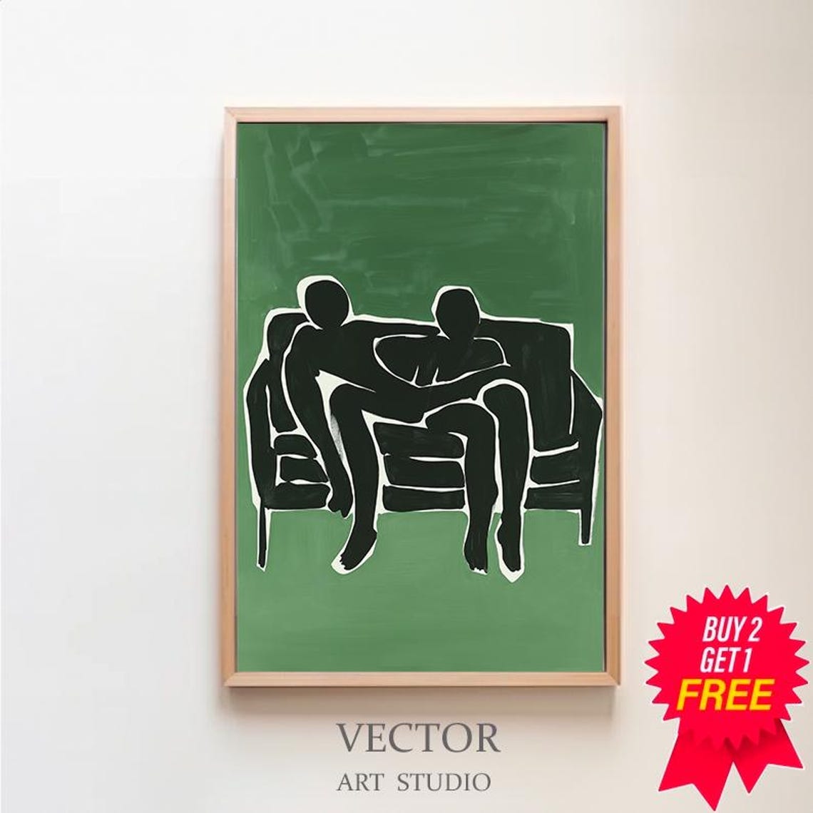 Abstract Embrace of Two Black Figures on a Green Couch Poster