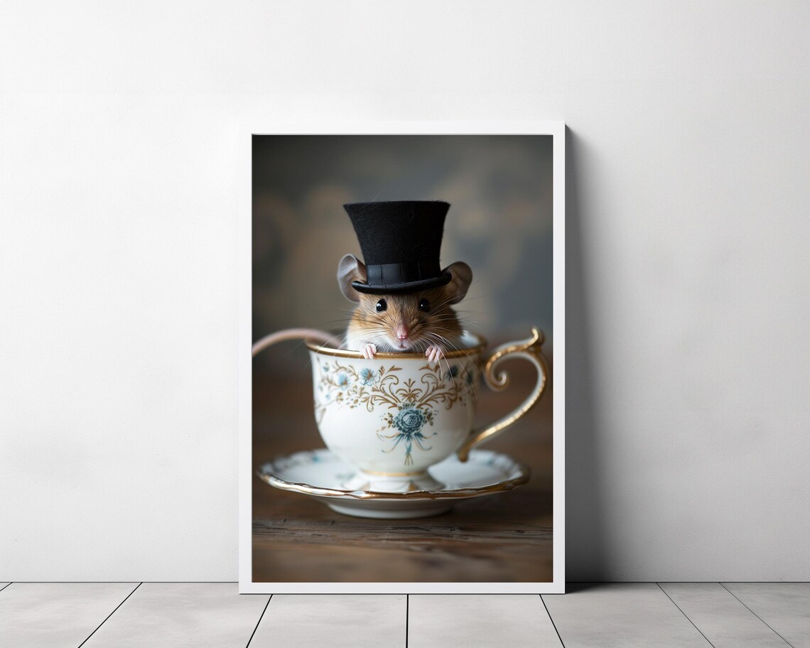 Mouse In A Tea Cup Oil Painting Mouse In Top Hat Mouse Decor Funny Kitchen Wall Art Dark Humor Whimsical Art Funny Animal Art - Image 3