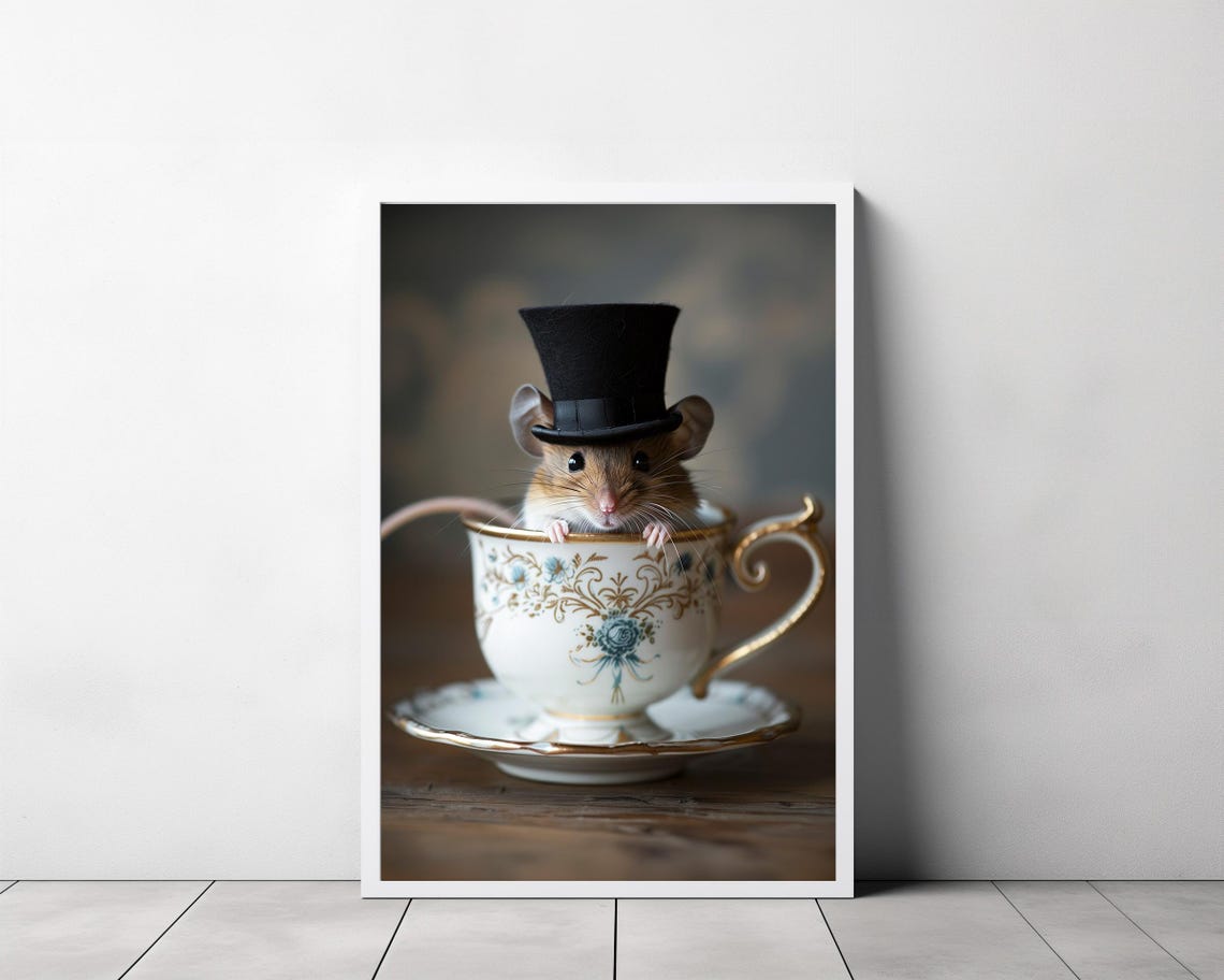 Tiny Curious Mouse in Top Hat Sitting in Vintage Teacup Poster - Image 3
