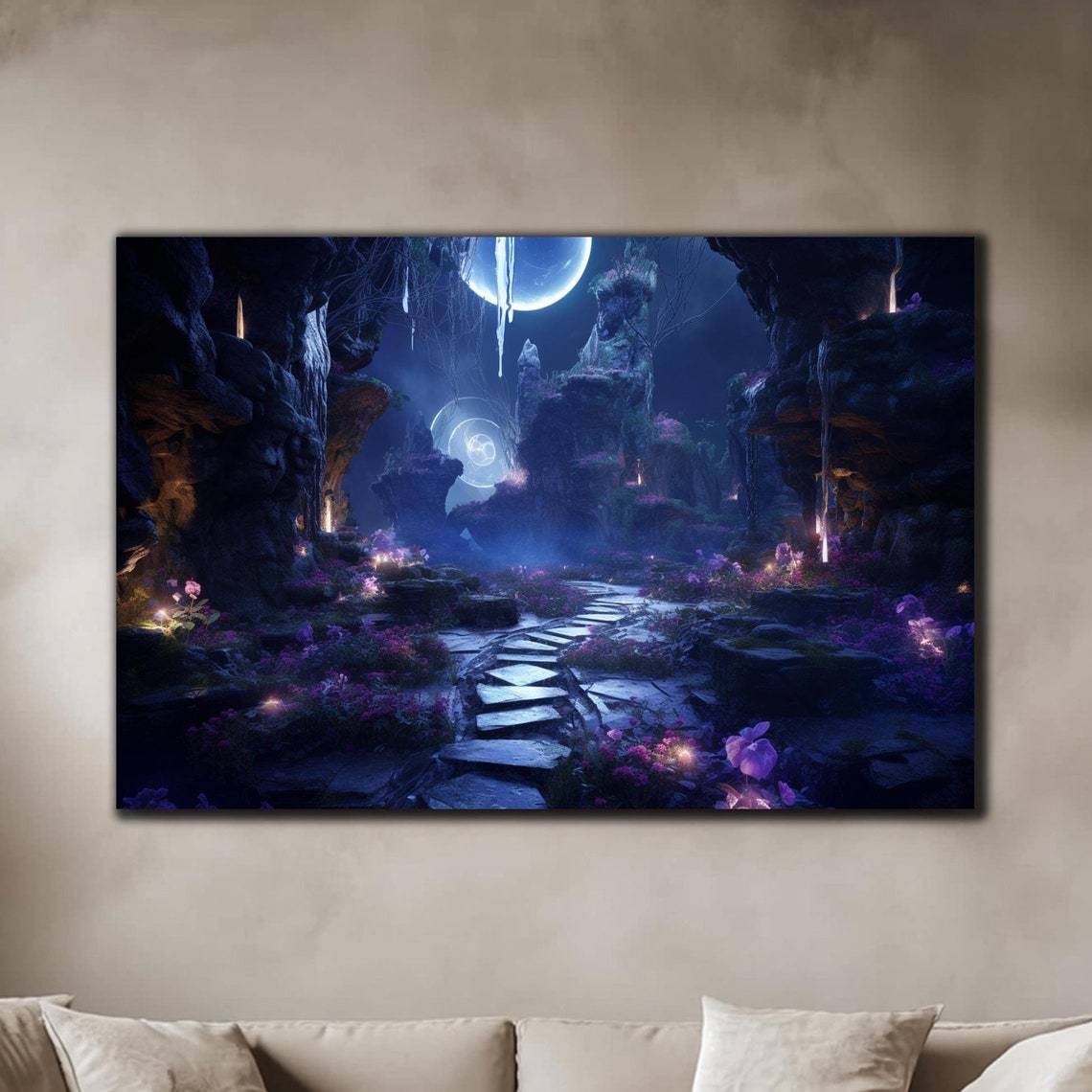 Moonlit Fantasy Cave Glowing Stone Path Purple Flowers Night Print