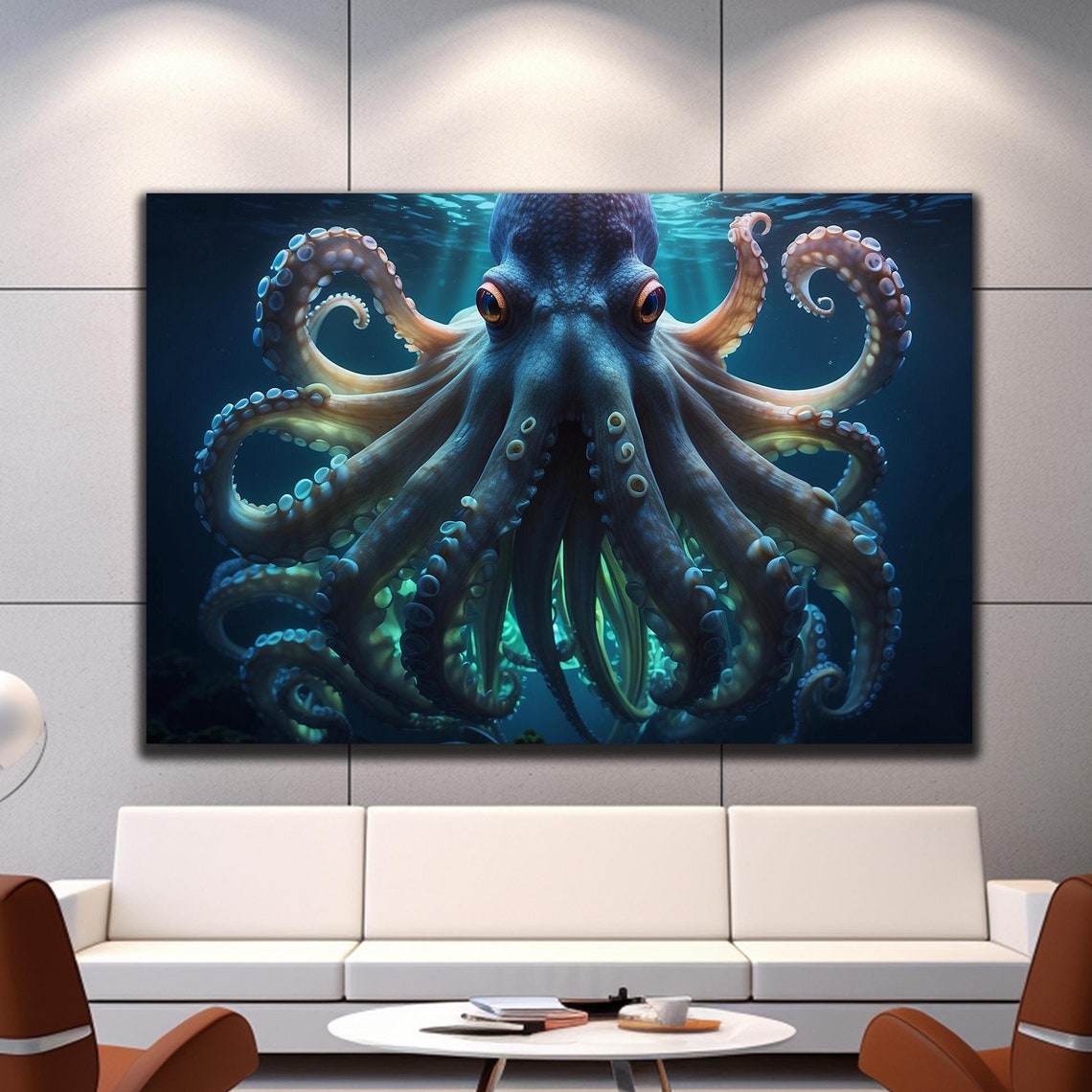 Realistic Giant Octopus Front View Sunlit Ocean Deep Sea Poster
