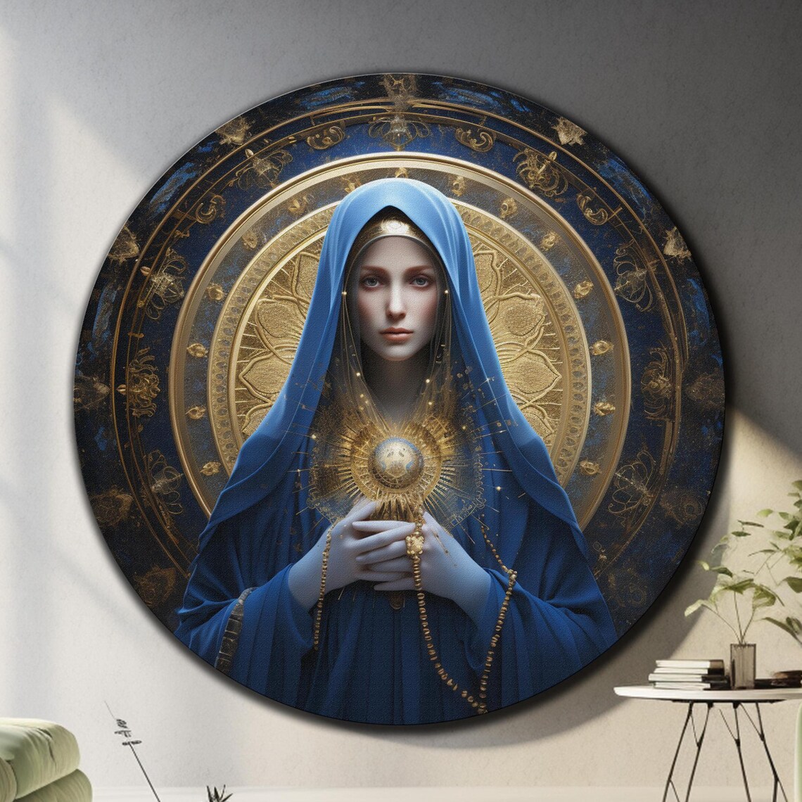 Virgin Mary Blue Robe Golden Rosary Prayer Celestial Round Wall Art