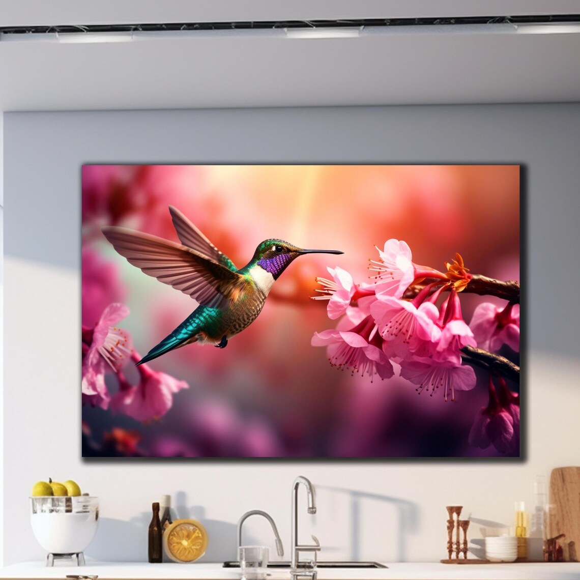 Hummingbird Feeding Pink Cherry Blossoms Spring Garden Bird Poster