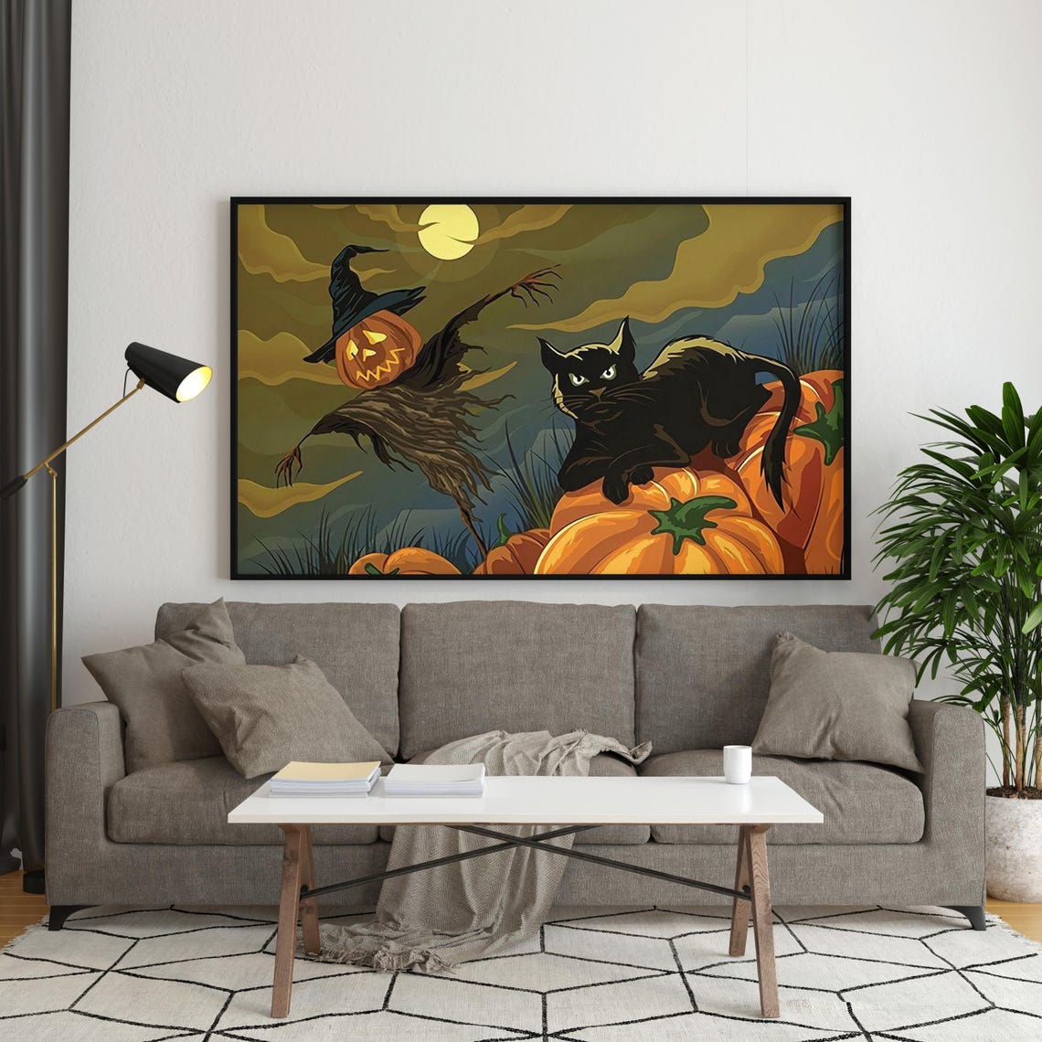 Black Cat On Pumpkins With Scarecrow Halloween Night Scene Poster - Image 3