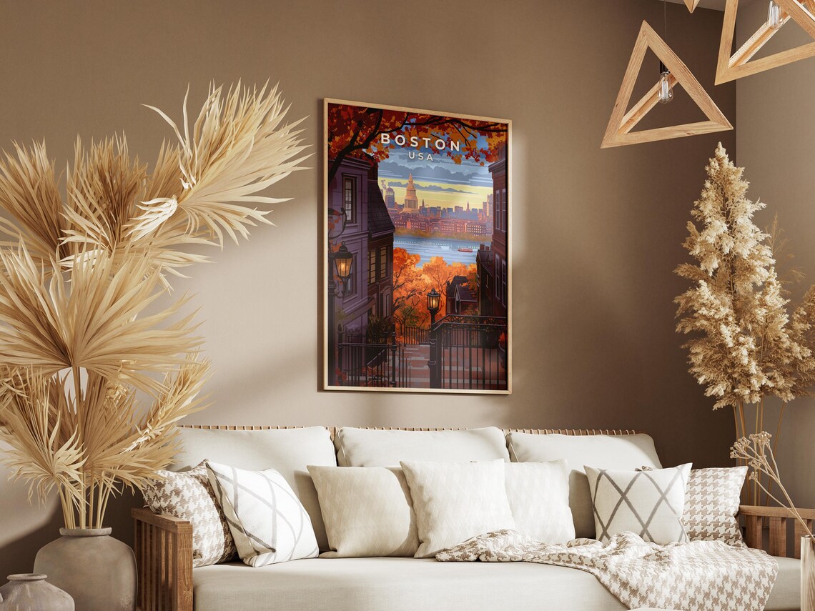 Boston USA Autumn Brownstone Street Skyline Fall Foliage Poster - Image 3