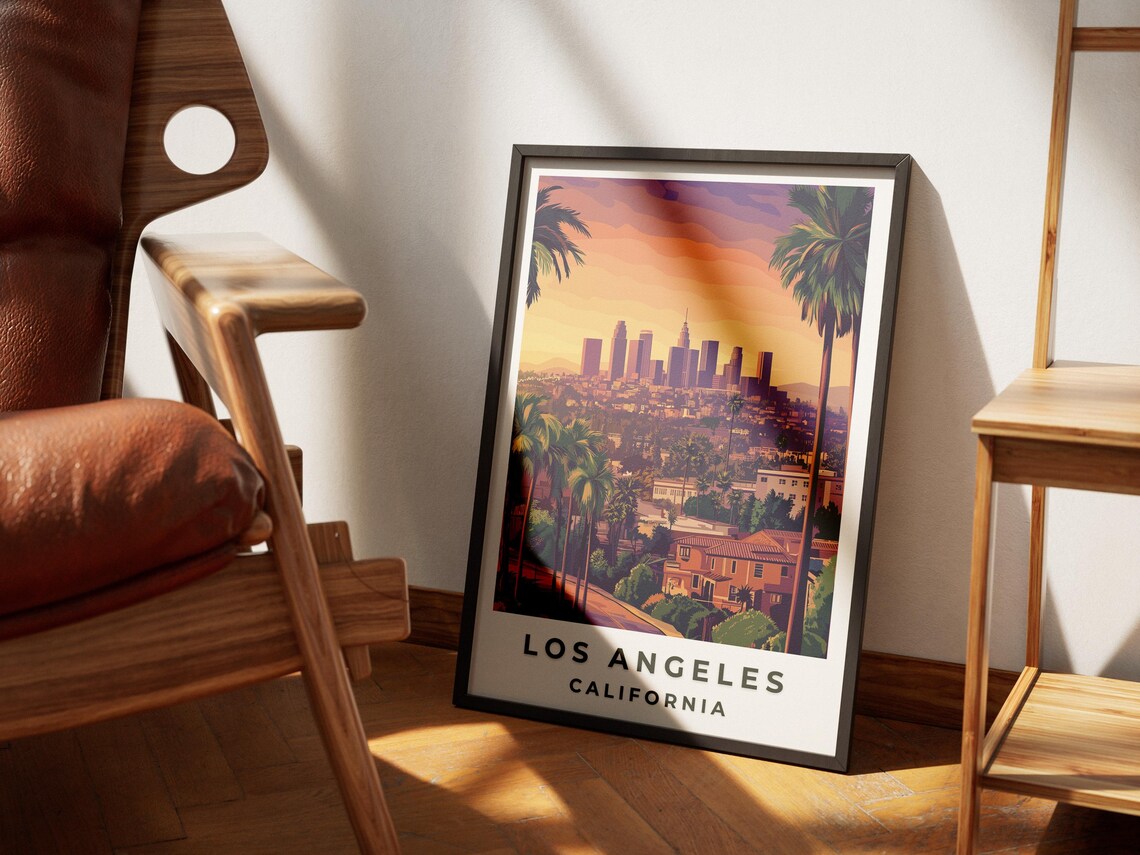 Los Angeles California Skyline Sunset Palm Trees Travel Poster
