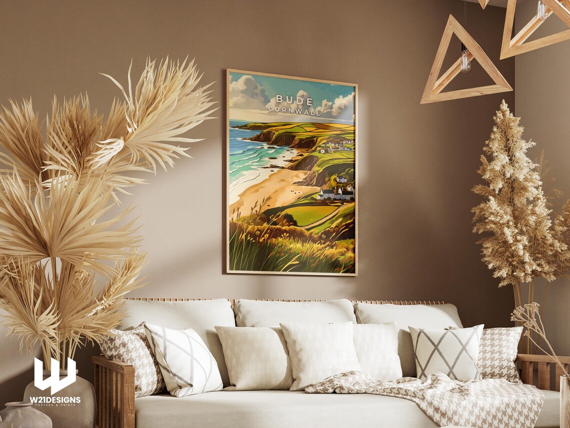 Bude Cornwall Golden Coast Cliffs Beach Illustration Travel Poster - Image 3
