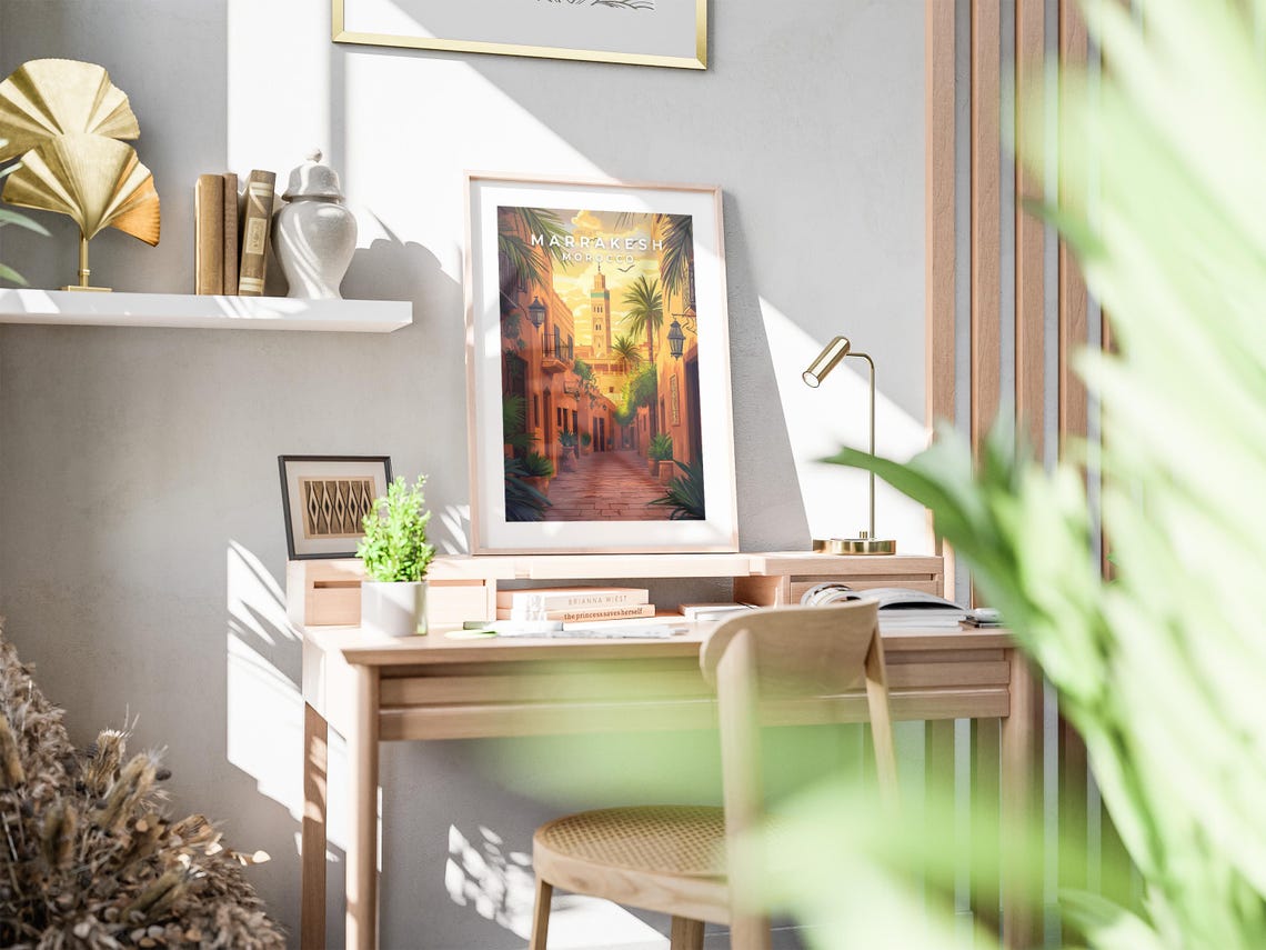 Marrakesh Morocco Medina Street Minaret Sunset Illustration Poster - Image 3