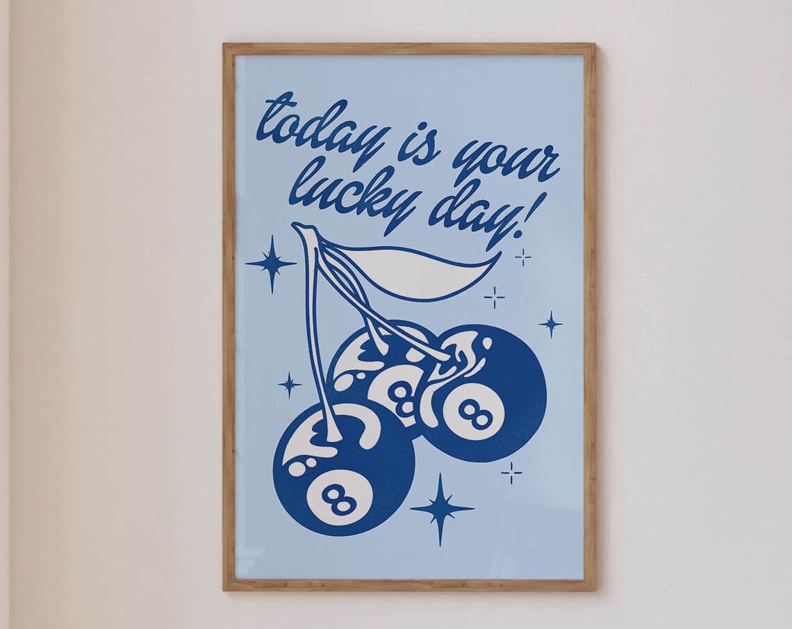 Lucky You Blue Retro Poster, Funky Bar Cart Decor