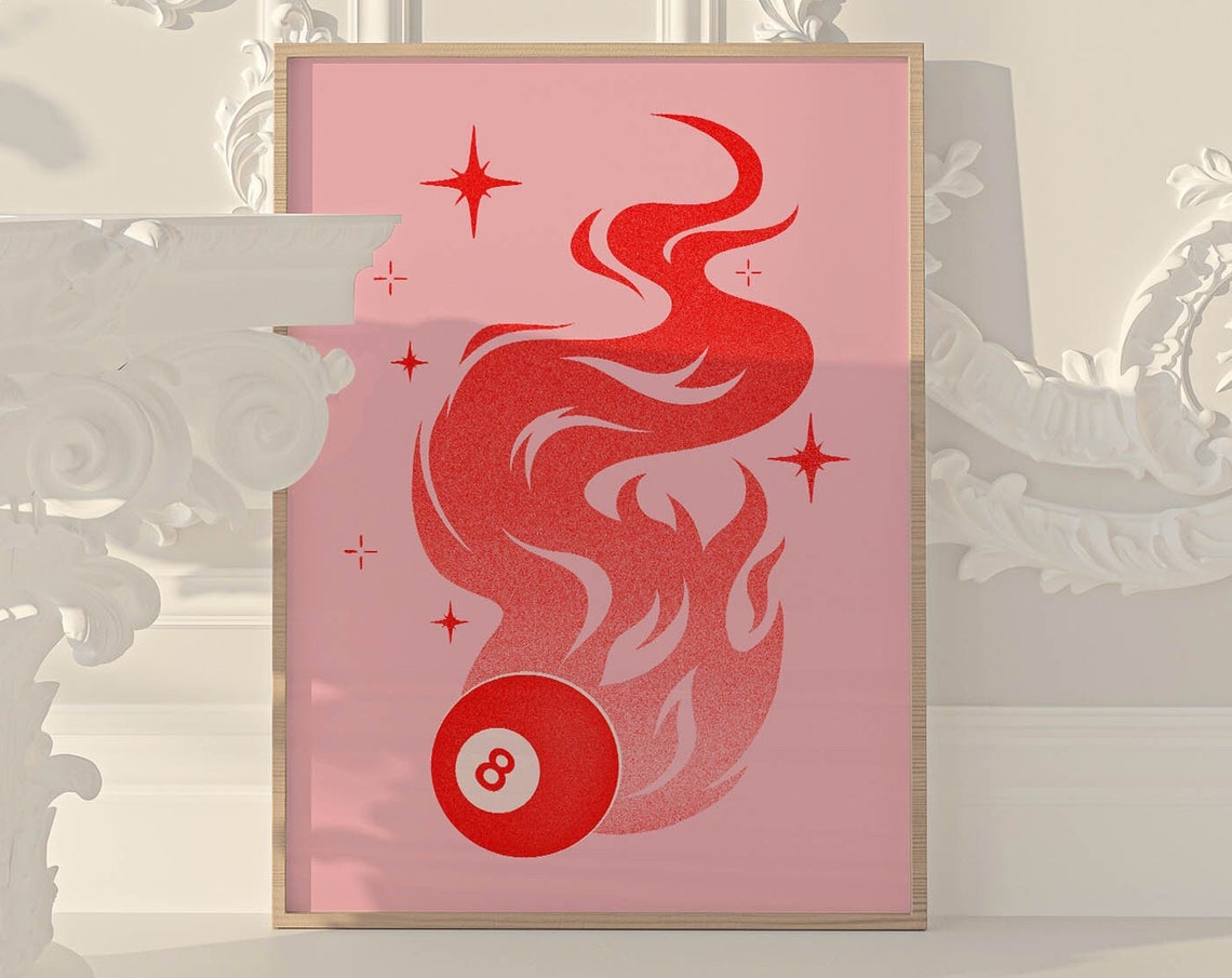 Flaming Eight Ball Red Flame Pink Background Trendy Retro Wall Art
