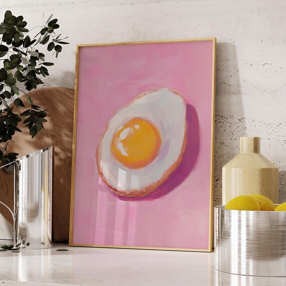 Fried Egg Pink Background Impasto Oil Painting Fun Kitchen Wall Poster