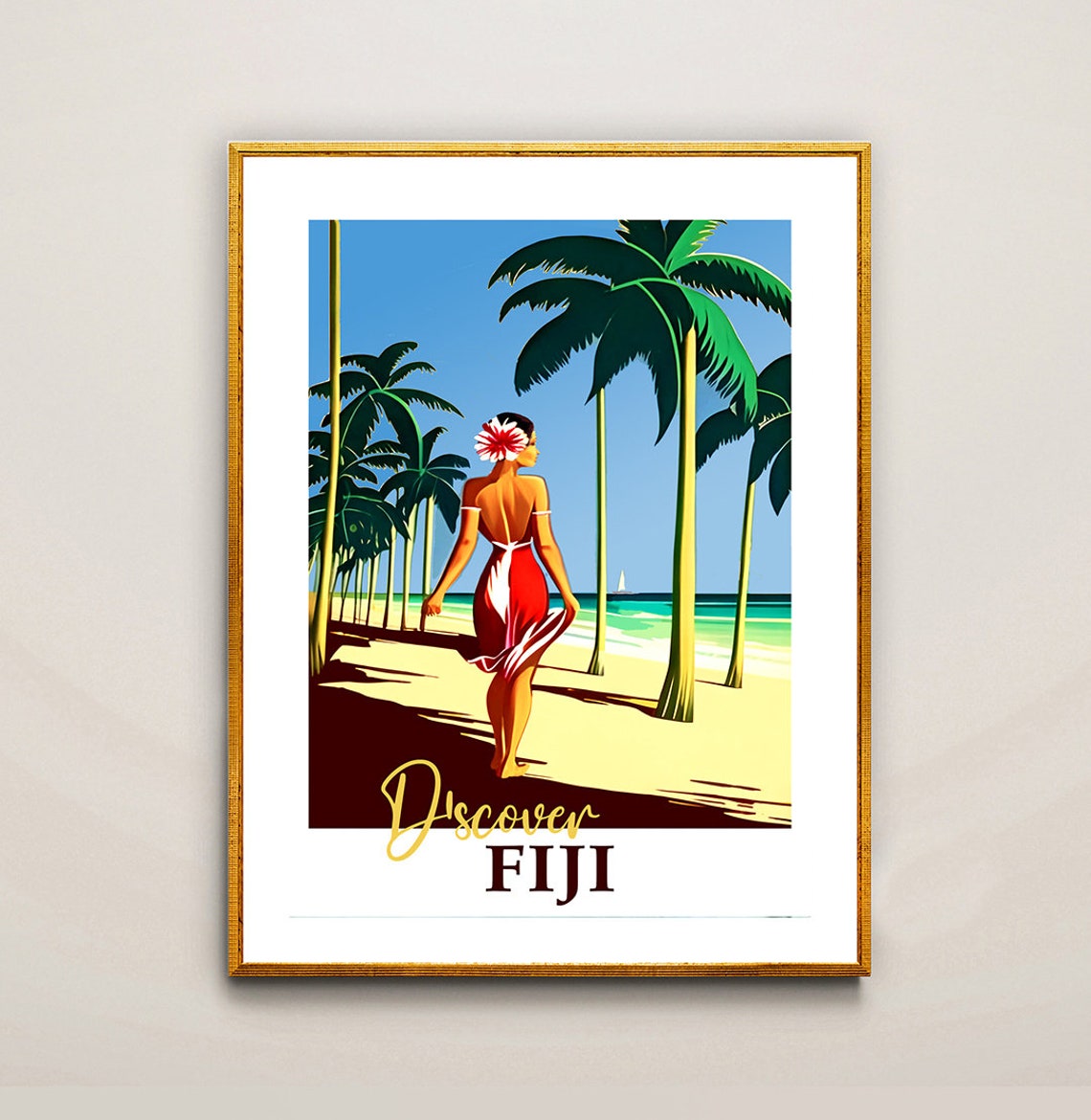 Discover Fiji Island Beach Palms Vintage Tropical Travel Poster Art