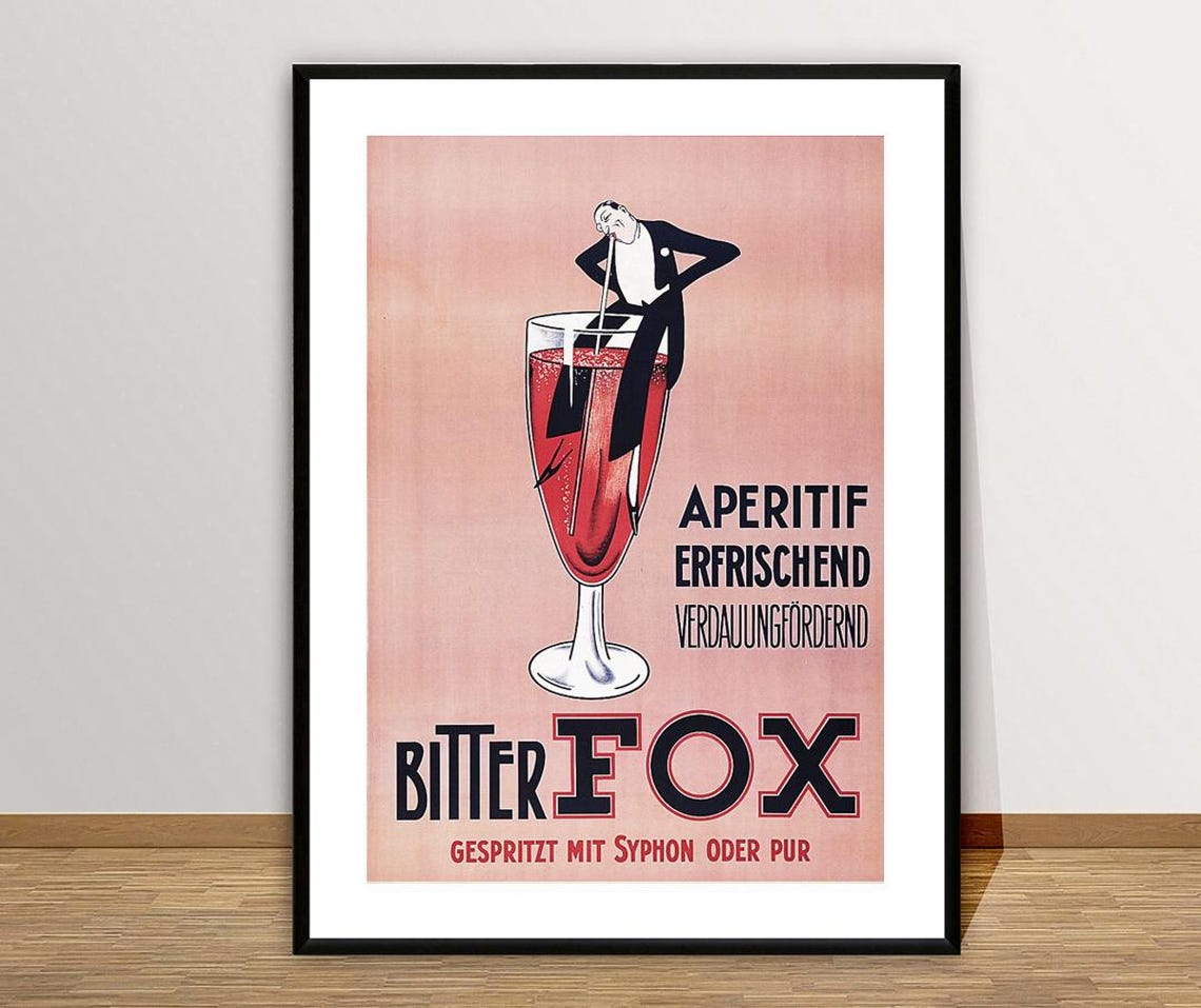 Bitter Fox Aperitif Giant Wine Glass Tiny Man Vintage German Ad Poster - Image 2
