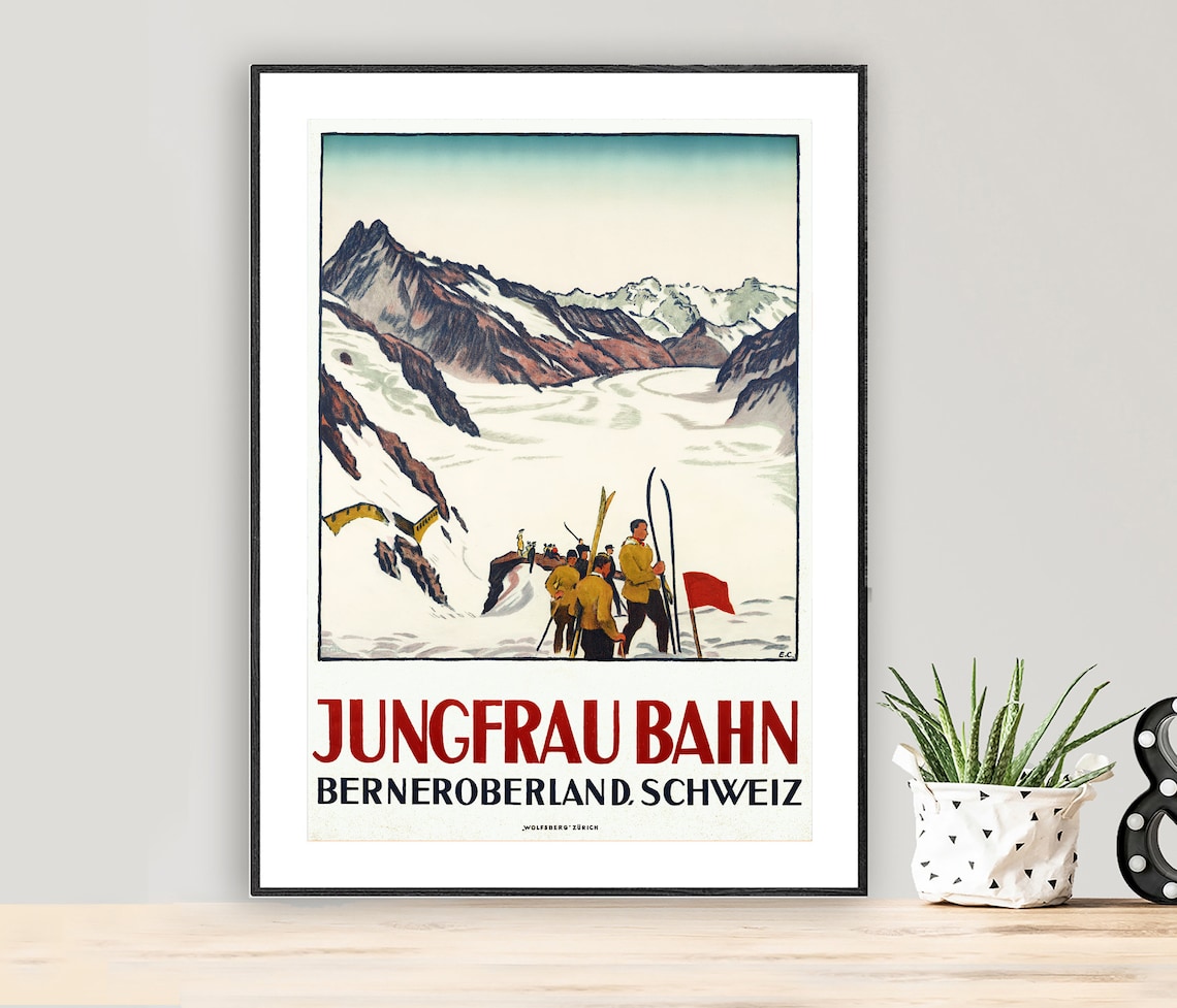 Jungfrau Bahn Vintage Swiss Ski Poster Group of Skiers With Red Flag