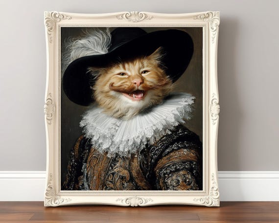 Funny Cat Renaissance Portrait Print Laughing Cavalier Parody