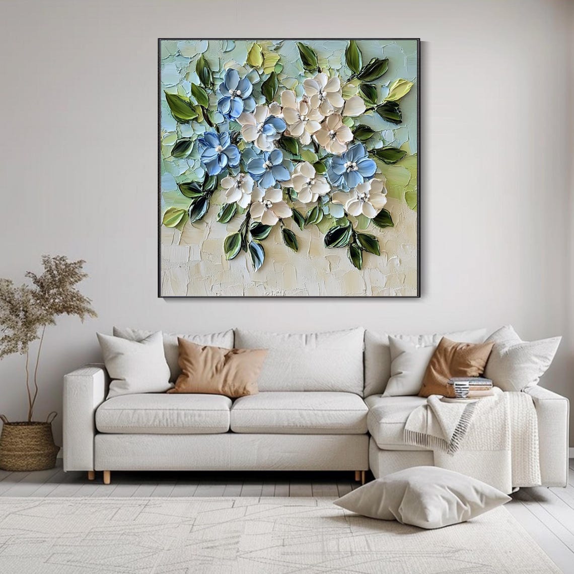 Blue White Blossom Branch Heavy 3D Impasto Floral Textured Poster - Image 2