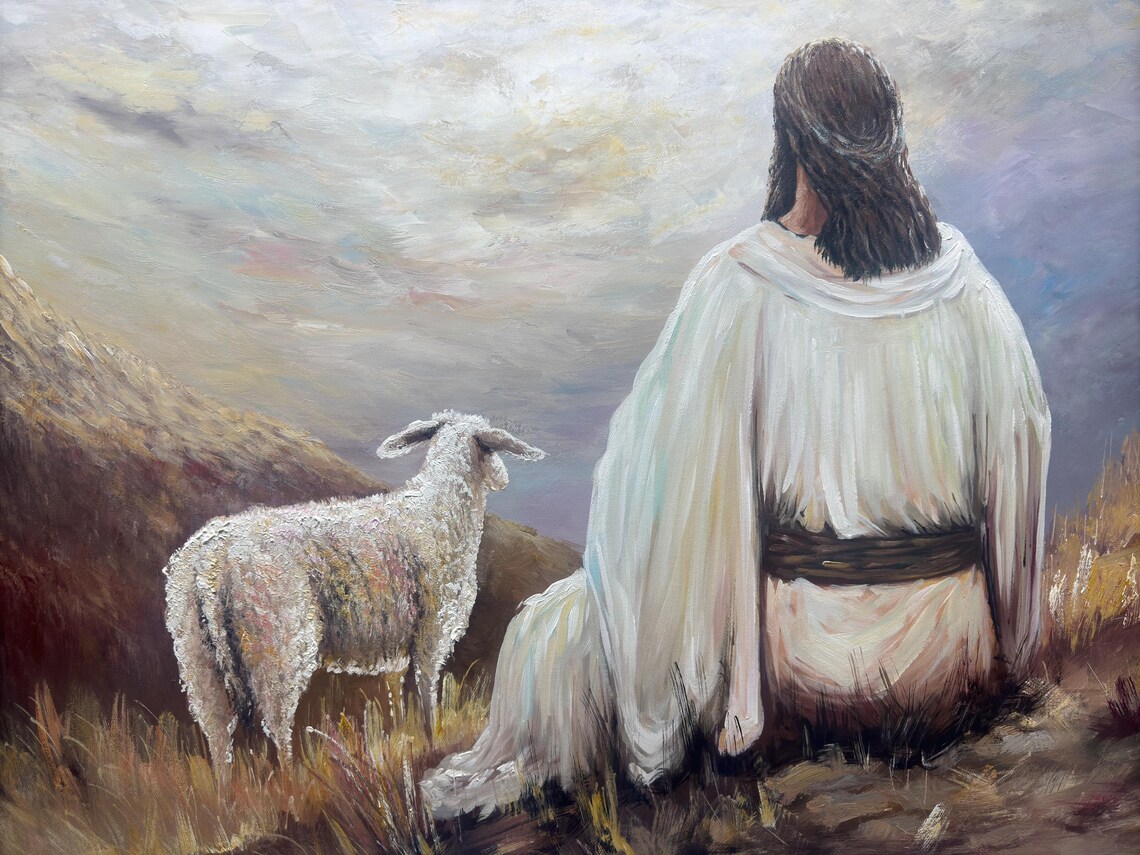 Jesus With Sheep On The Hillside Warm Pastel Religious Art Poster - Image 2