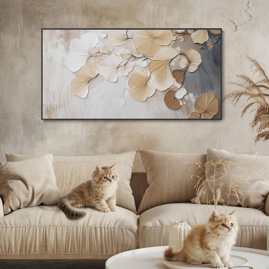 Soft Beige Ginkgo Leaves Textured Botanical Painting Neutral Poster - Image 3
