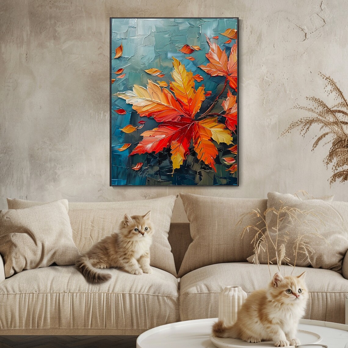 Vibrant Autumn Maple Leaves Textured Impasto Oil Painting Fall Poster - Image 3