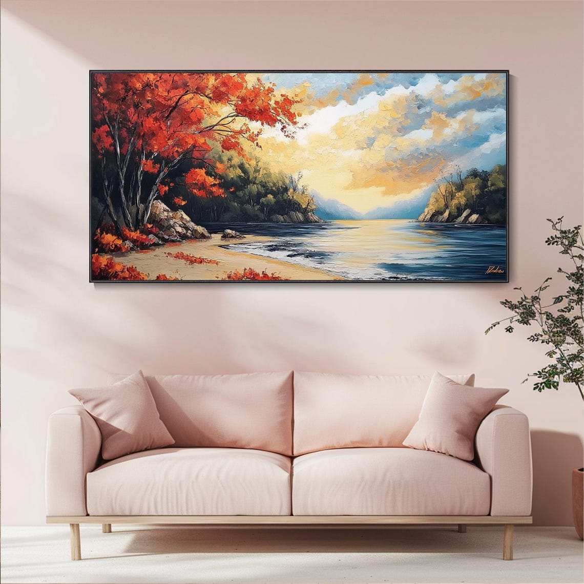 Autumn Maple Trees On Lakeshore Sunrise Red Foliage Impasto Poster - Image 5