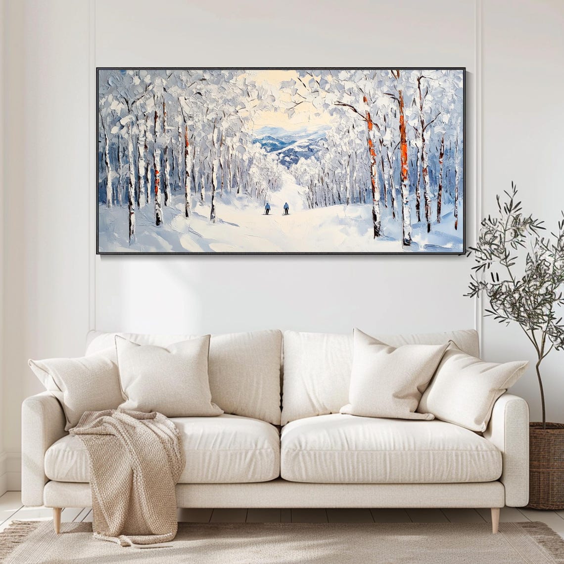 Winter Birch Forest Path Two Figures Snowy Impasto Landscape Poster - Image 4