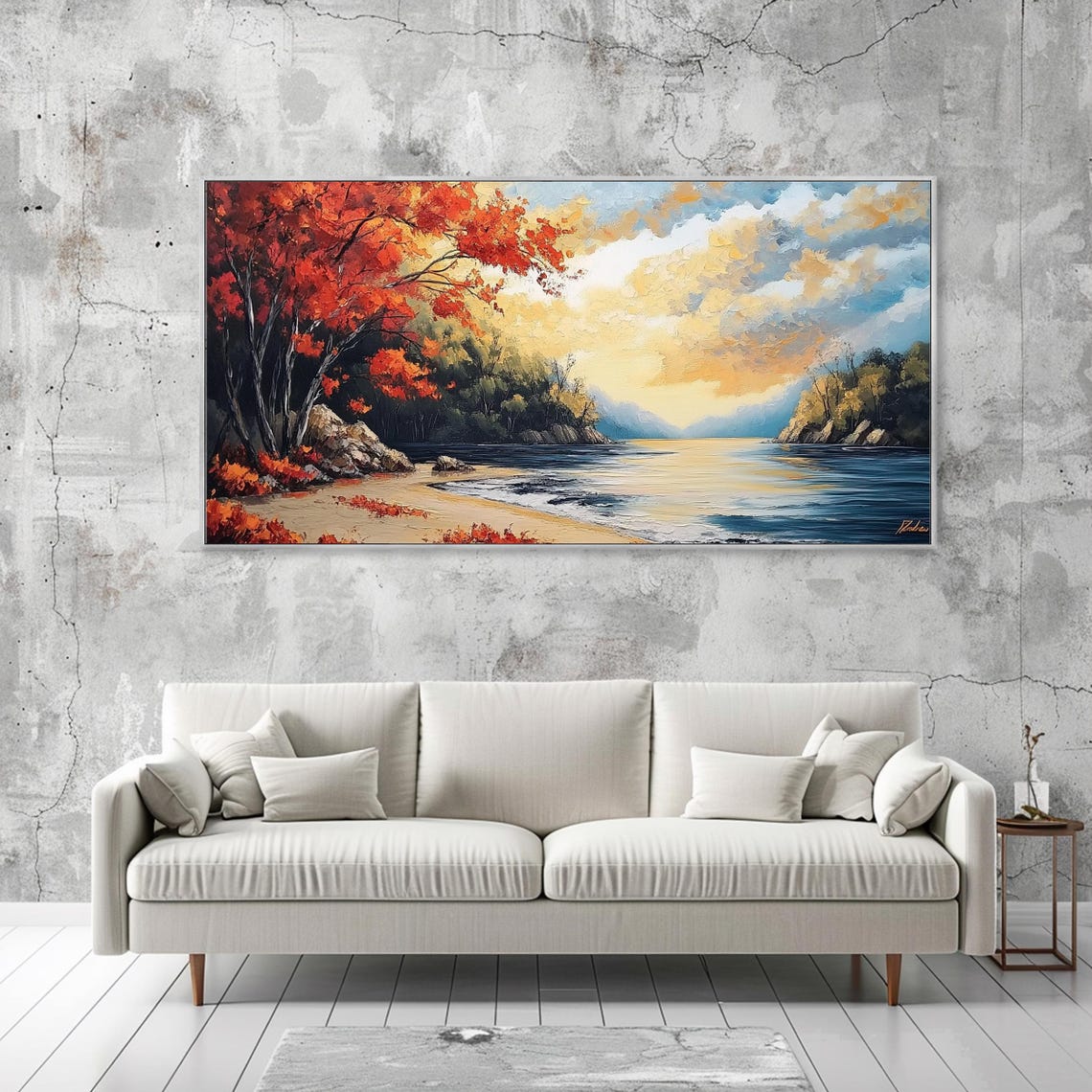 Autumn Maple Trees On Lakeshore Sunrise Red Foliage Impasto Poster - Image 2