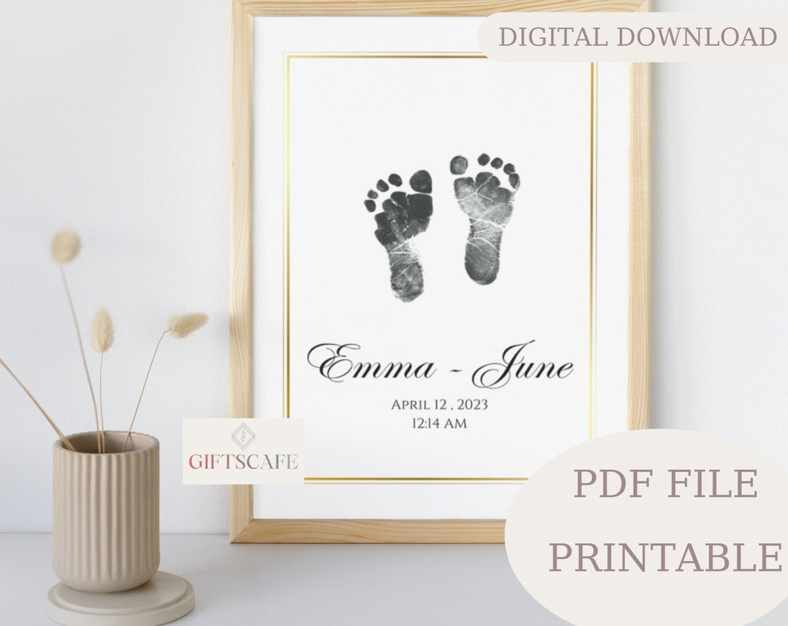 Personalized Baby Footprint Birth Print Gold Frame Digital Poster