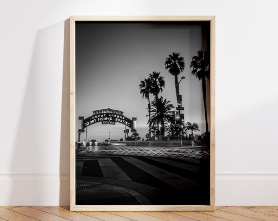 Santa Monica Pier Sign Night California Black White Photo Poster