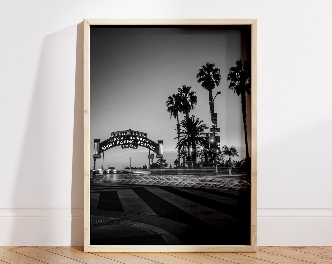 Santa Monica Pier Sign Night California Black White Photo Poster