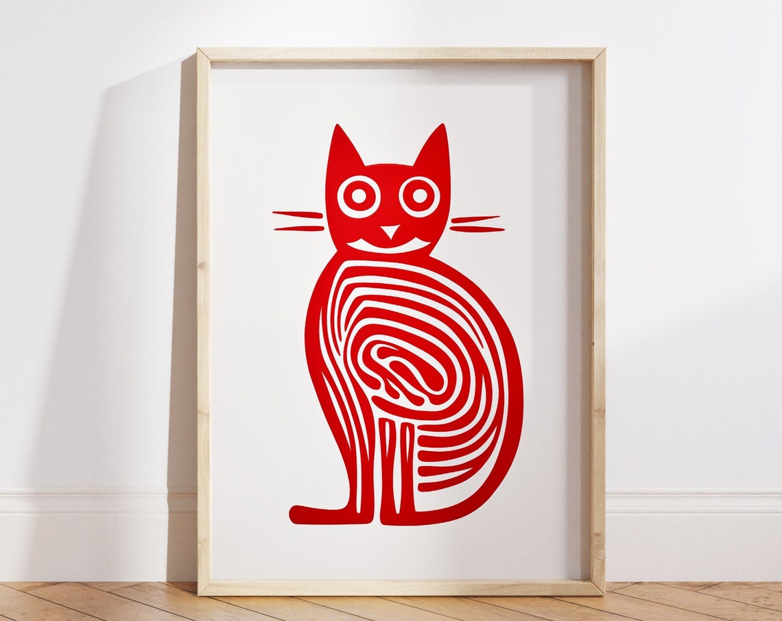 Red Cat Fingerprint Swirl Minimalist Modern Cat Lover Art Poster