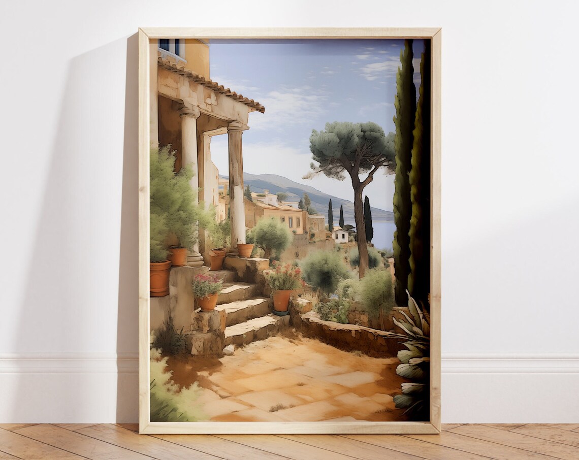 Mediterranean Stone Terrace with Columns Watercolor Art Poster