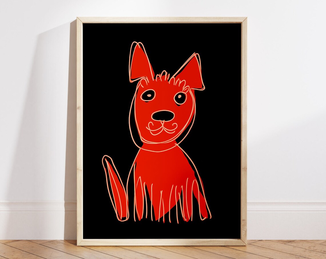 Red Dog Line Drawing Minimalist Black Background Pet Art Poster
