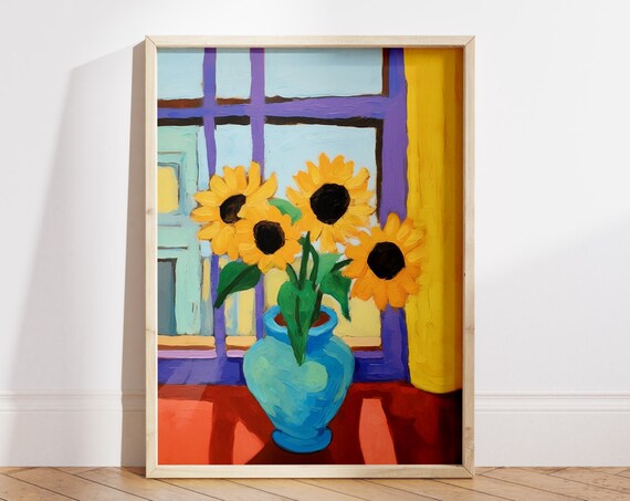Vintage Sunflower Wall Art Print Sunflower Painting Matisse Style Print Flower Still Life Painting Rustic Country Art File