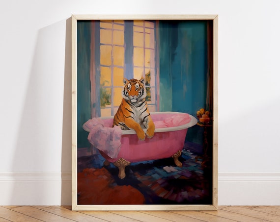 Tiger Poster Bathtub Jungle Art Bathroom Wall Art Maximalist Decor Trendy Apartment Decor Funny Bathroom File
