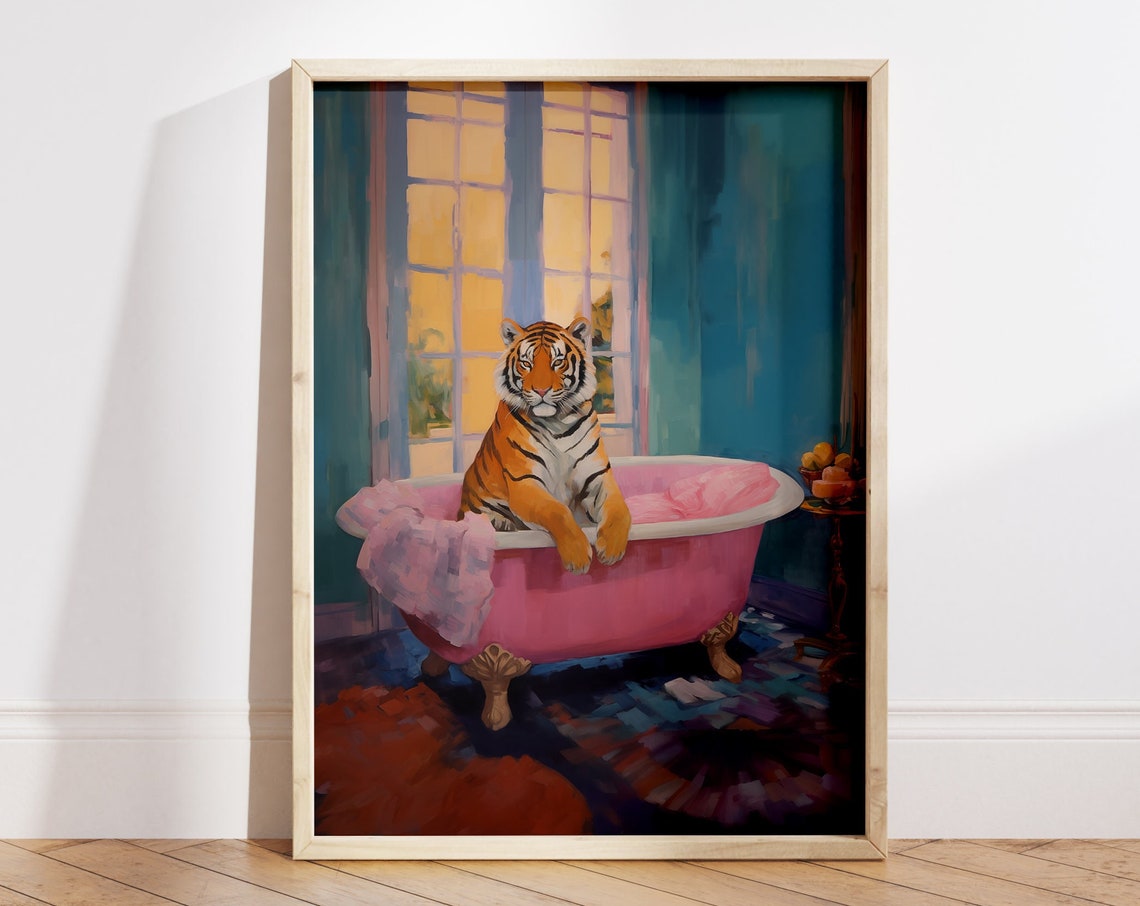 Tiger Relaxing In Pink Clawfoot Bathtub Maximalist Bathroom Art Poster