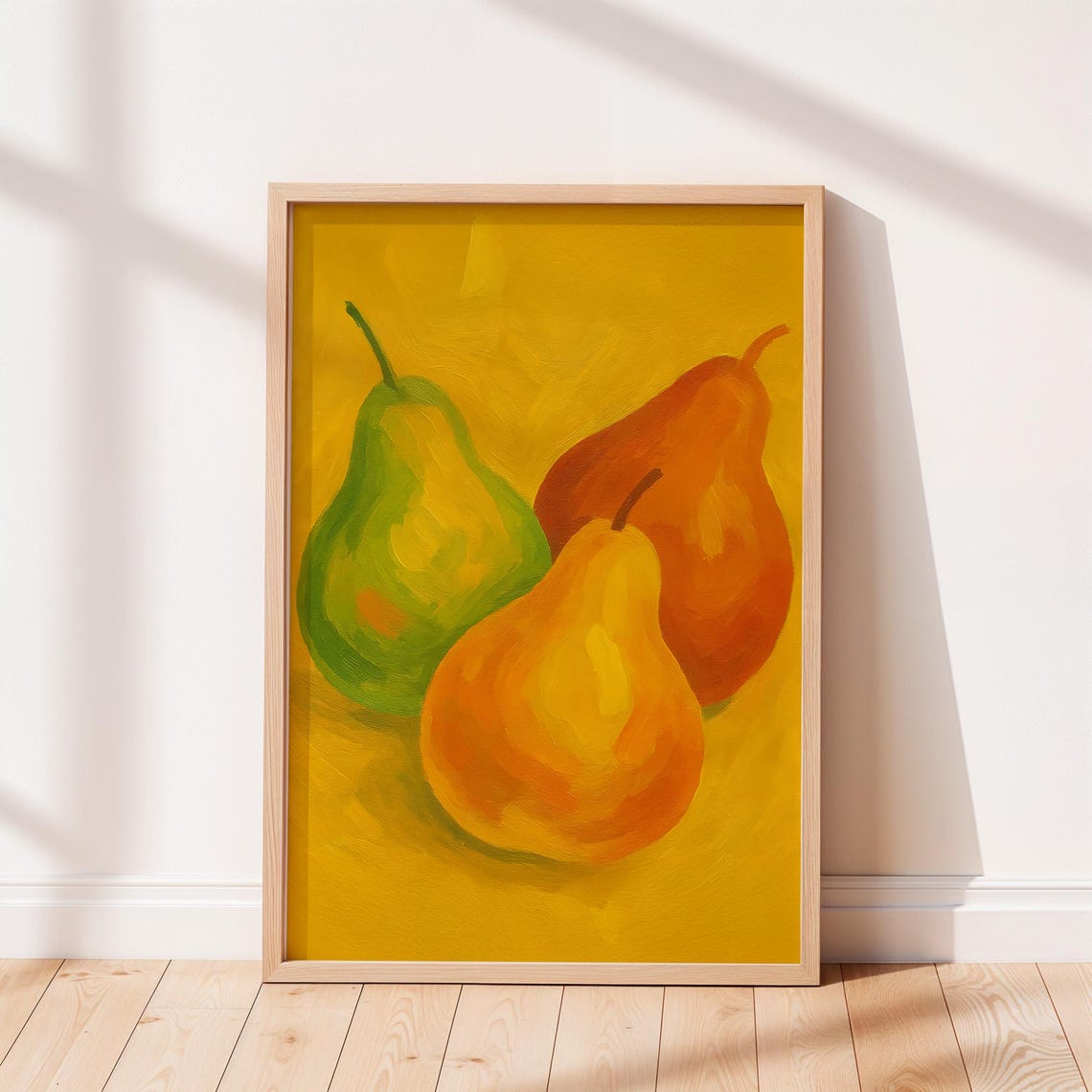 Three Pears On Mustard Gold Background Modern Fruit Still Life Poster