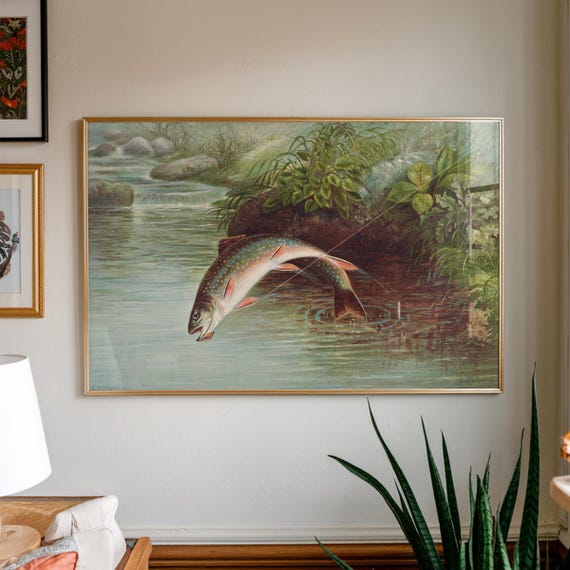 Leaping Brook Trout By Samuel Kilbourne Coastal Vintage Art Print Gift For Fisherman Fishing Lover Nautical Painting Unframed
