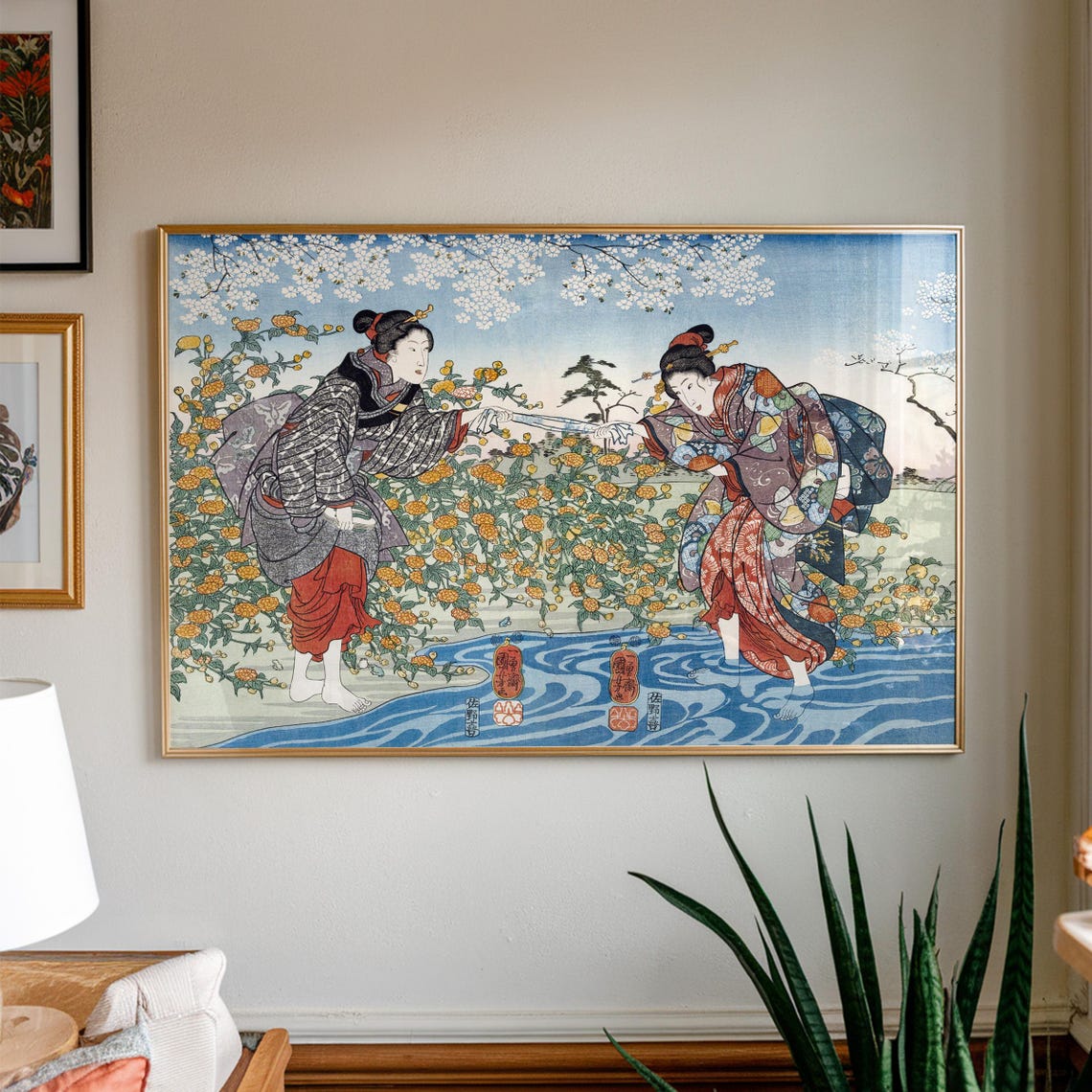 Two Women in Kimonos Among Cherry Blossoms Vintage Japanese Poster