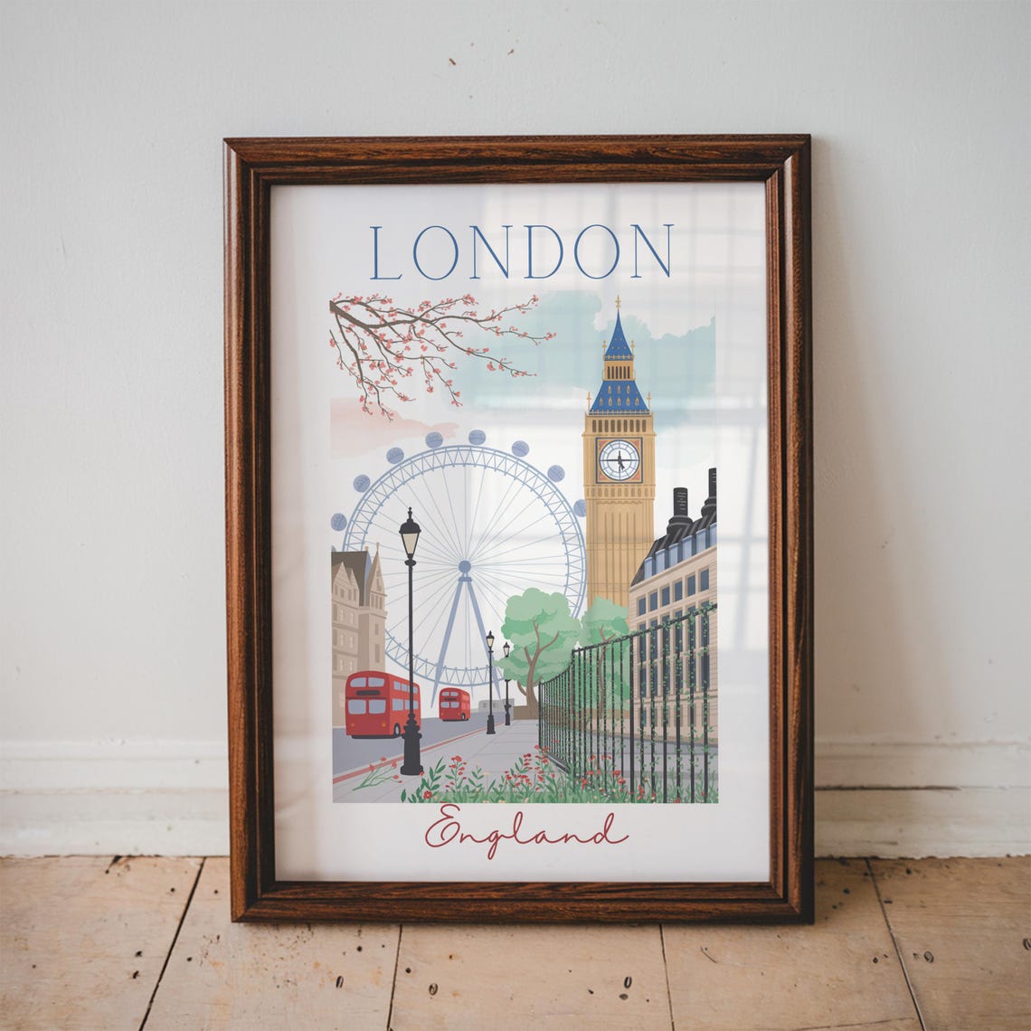 London England Big Ben London Eye Red Bus Spring Blossom Travel Poster