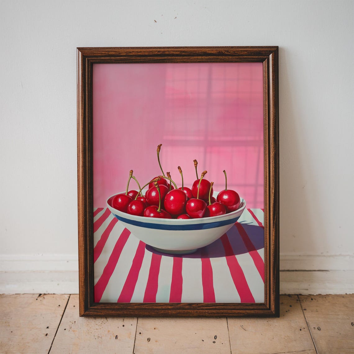 Bowl Of Red Cherries Striped Tablecloth Retro Kitchen Art Poster