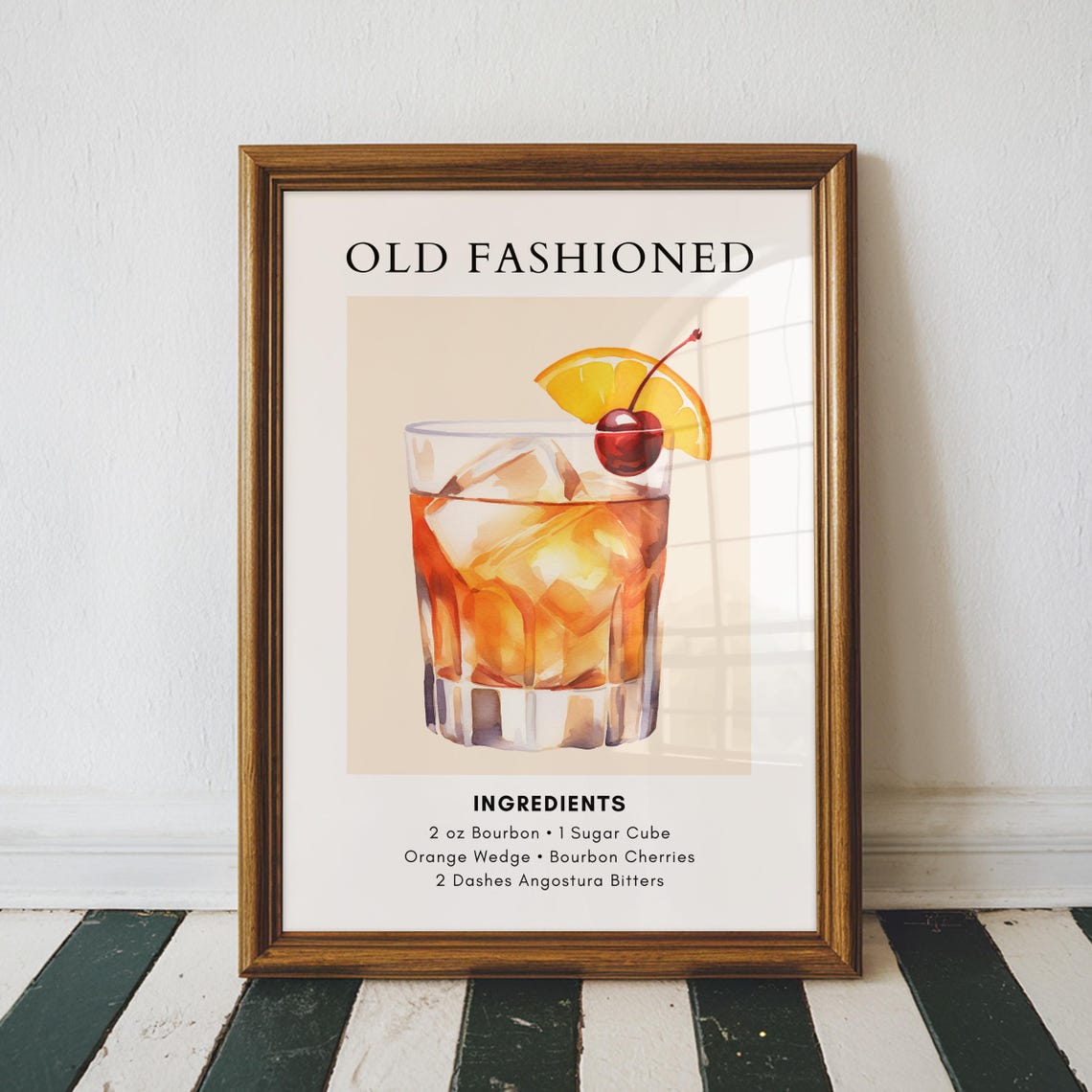 Old Fashioned Cocktail Recipe Watercolor Bourbon Bar Cart Wall Poster