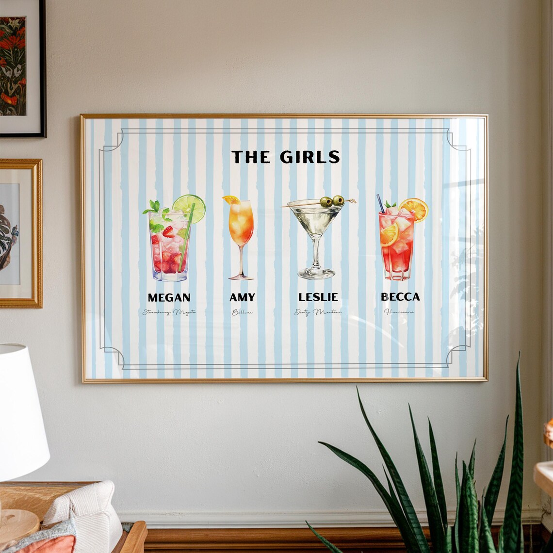 The Girls Custom Cocktail Names Blue Striped Best Friends Poster