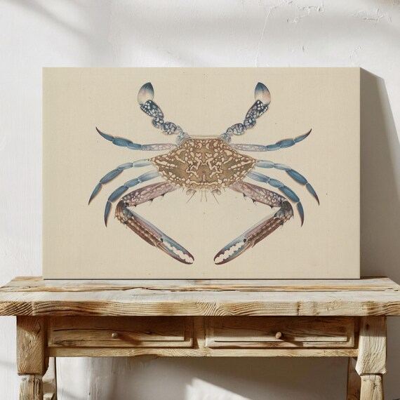 Blue Crab Print Ocean Animal Antique Painting Vintage Poster Wall Art Decor Nautical Illustration
