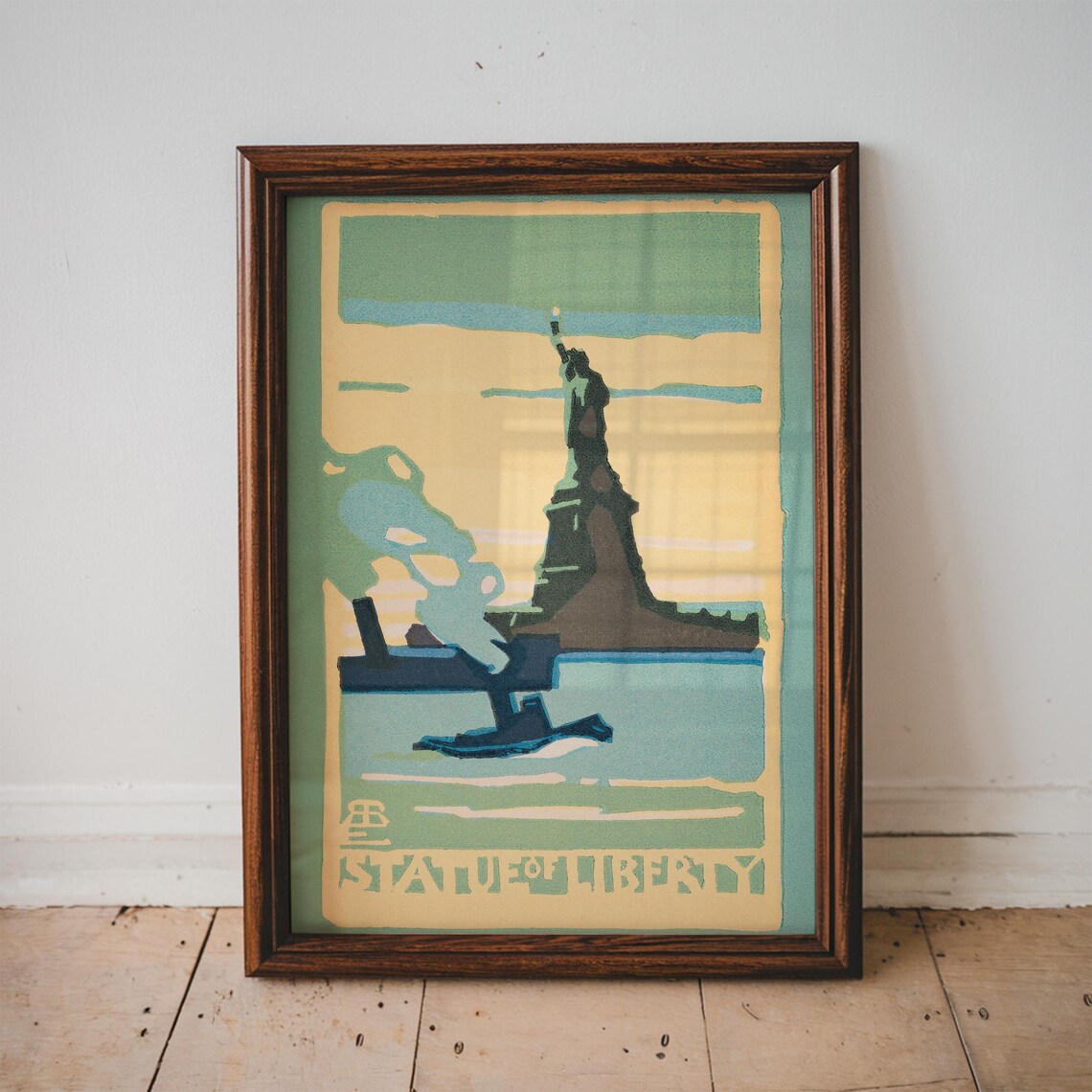 Statue of Liberty Vintage Green Screenprint Harbor Art Poster