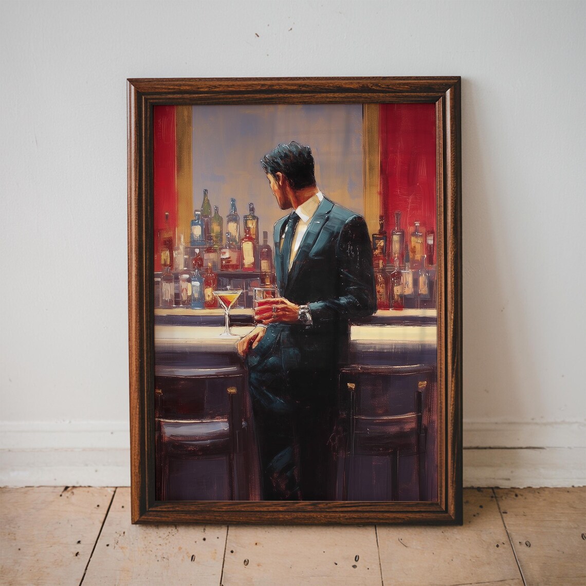 Sophisticated Man In Suit At The Cocktail Bar Oil Painting Print